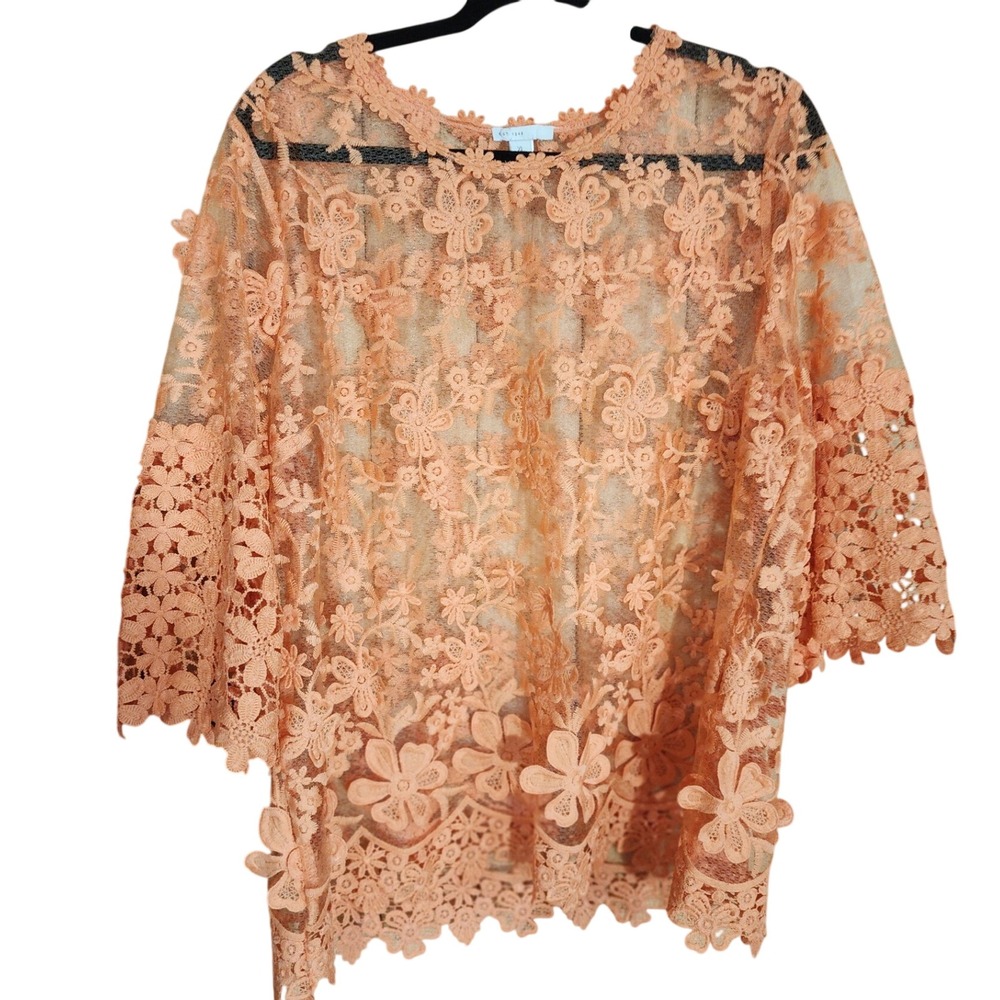 Est. 1946 Women XL Floral Lace Sheer Overlay Top Apricot Orange Scalloped Hem